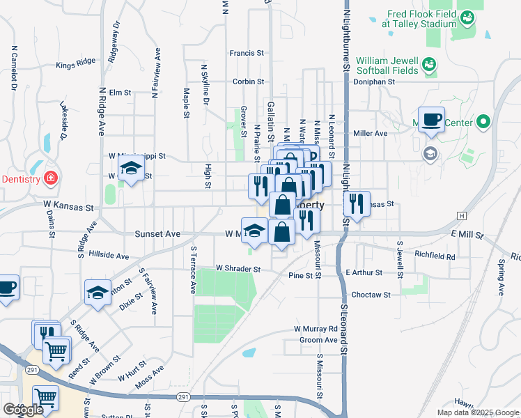 map of restaurants, bars, coffee shops, grocery stores, and more near 119 West Kansas Street in Liberty