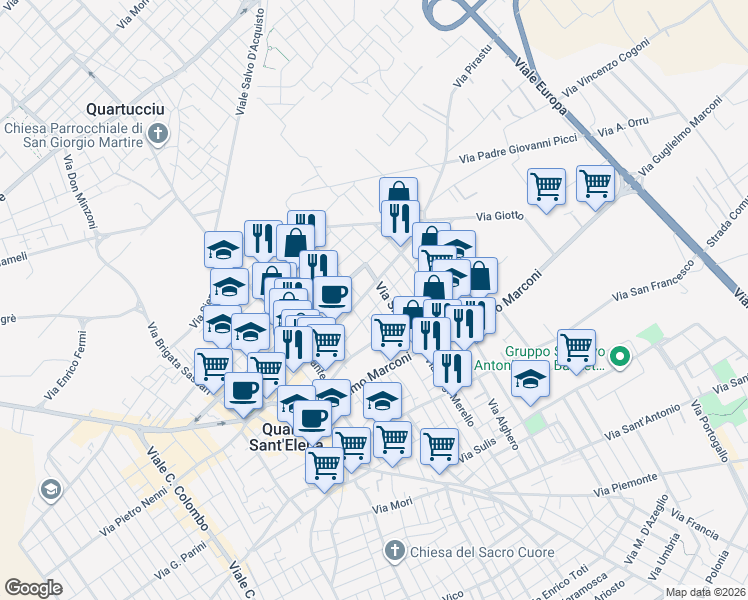 map of restaurants, bars, coffee shops, grocery stores, and more near 16 Via Mentana in Quartu Sant'Elena