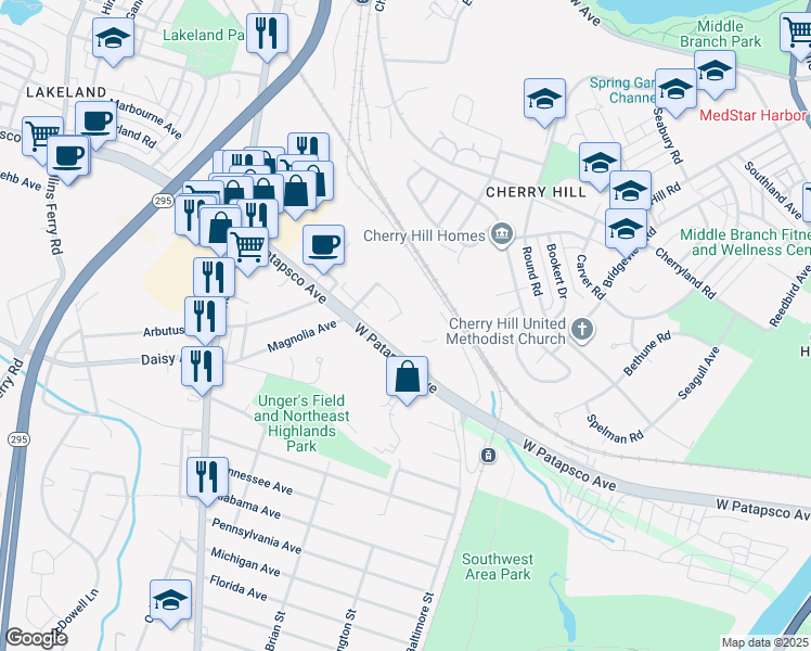map of restaurants, bars, coffee shops, grocery stores, and more near 914 West Patapsco Avenue in Baltimore