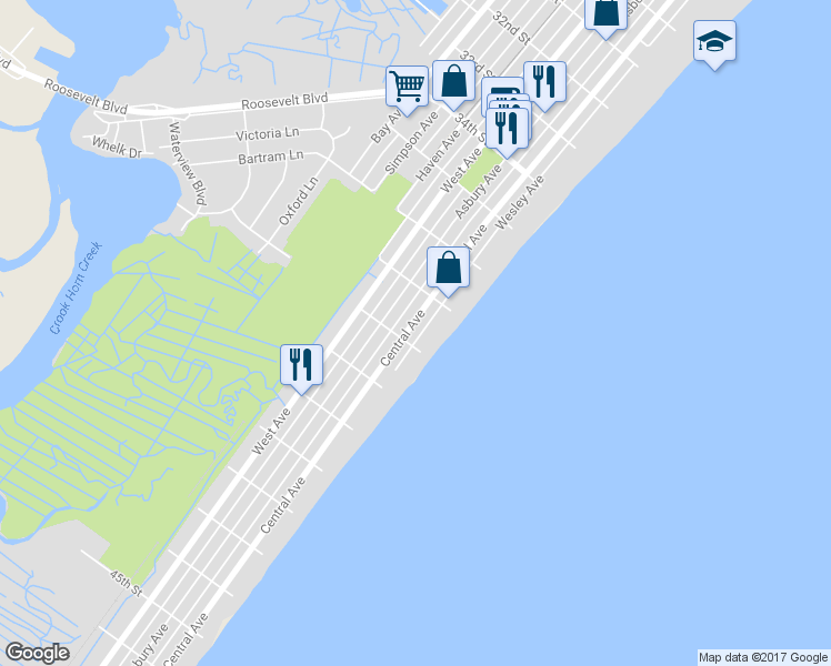 map of restaurants, bars, coffee shops, grocery stores, and more near 3737 Central Avenue in Ocean City