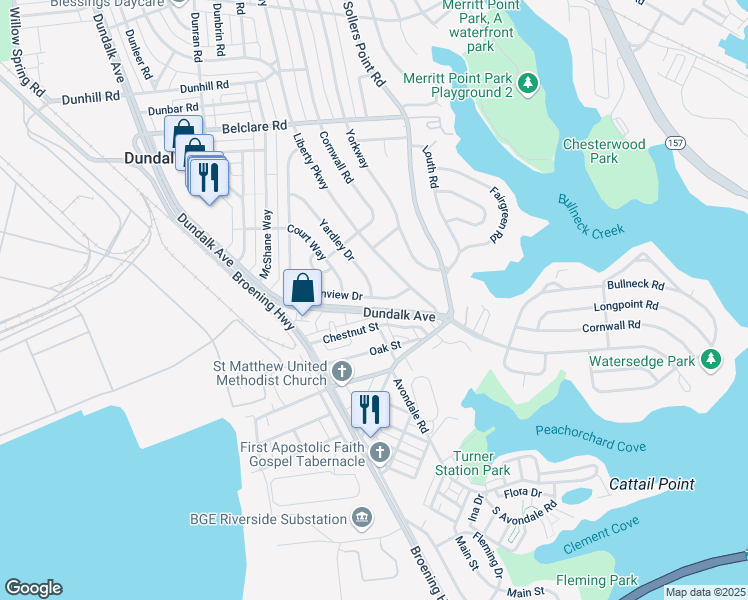map of restaurants, bars, coffee shops, grocery stores, and more near 3518 Loganview Dr in Dundalk