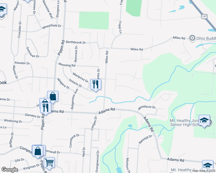 map of restaurants, bars, coffee shops, grocery stores, and more near 2317 Miles Road in Cincinnati