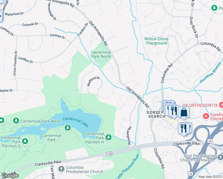 map of restaurants, bars, coffee shops, grocery stores, and more near 8610 Wellford Drive in Ellicott City