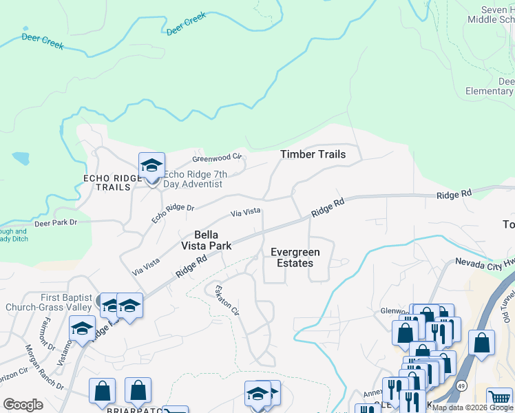 map of restaurants, bars, coffee shops, grocery stores, and more near 11134 Via Vista in Nevada City