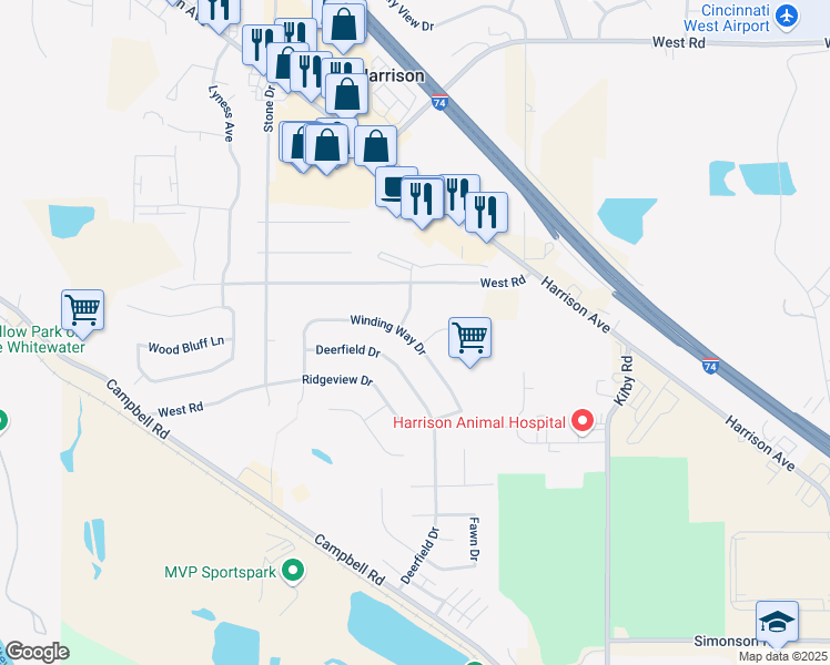 map of restaurants, bars, coffee shops, grocery stores, and more near 10552 Winding Way Drive in Harrison