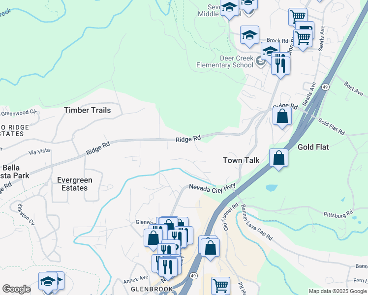 map of restaurants, bars, coffee shops, grocery stores, and more near 10587 Ridge Road in Nevada City