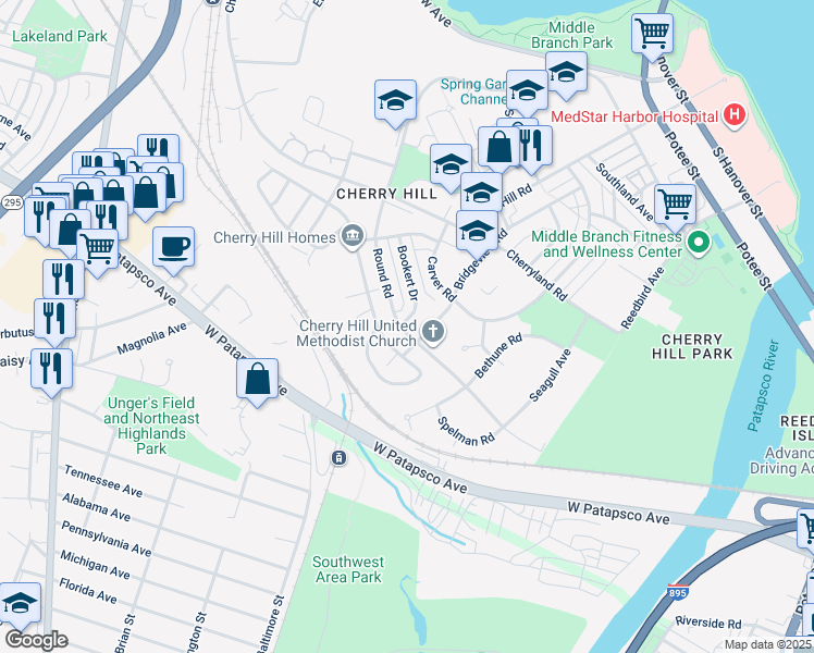 map of restaurants, bars, coffee shops, grocery stores, and more near 2881 Bookert Drive in Baltimore