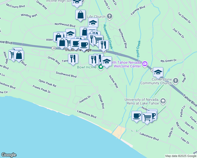 map of restaurants, bars, coffee shops, grocery stores, and more near 917 Southwood Boulevard in Incline Village