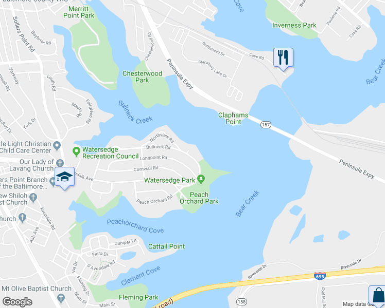 map of restaurants, bars, coffee shops, grocery stores, and more near 8264 Bullneck Court in Dundalk