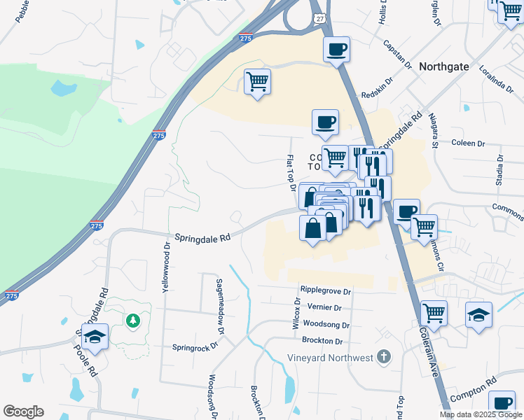 map of restaurants, bars, coffee shops, grocery stores, and more near 3760 Springdale Road in Cincinnati