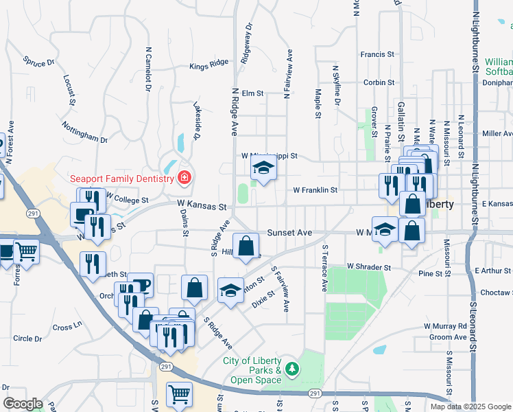 map of restaurants, bars, coffee shops, grocery stores, and more near 715 West Kansas Street in Liberty