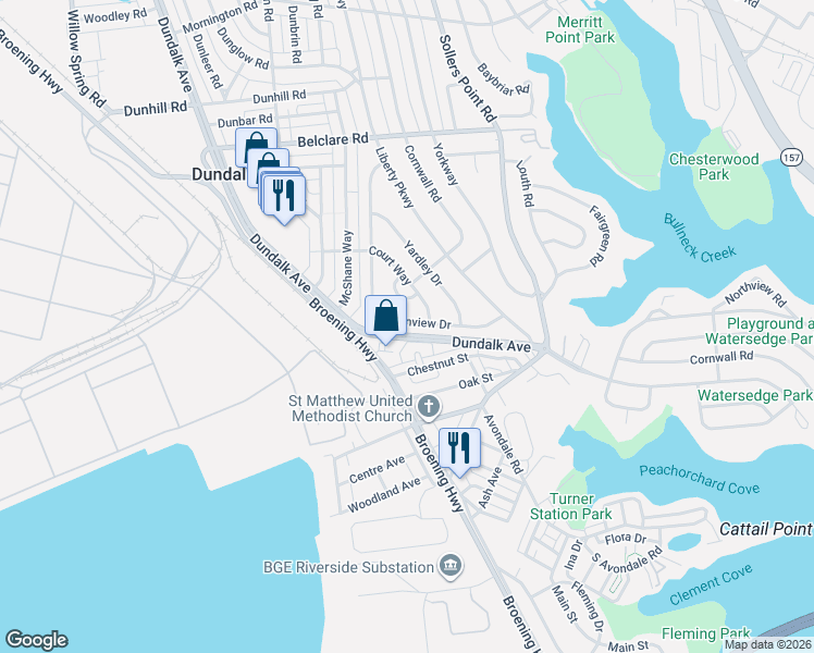 map of restaurants, bars, coffee shops, grocery stores, and more near 3486 Loganview Drive in Dundalk