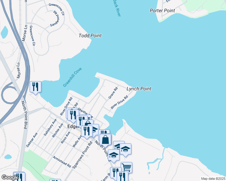 map of restaurants, bars, coffee shops, grocery stores, and more near 3312 Grace Road in Sparrows Point