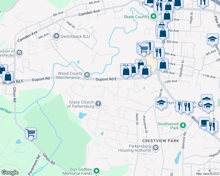 map of restaurants, bars, coffee shops, grocery stores, and more near 1511 15th Ave in Parkersburg