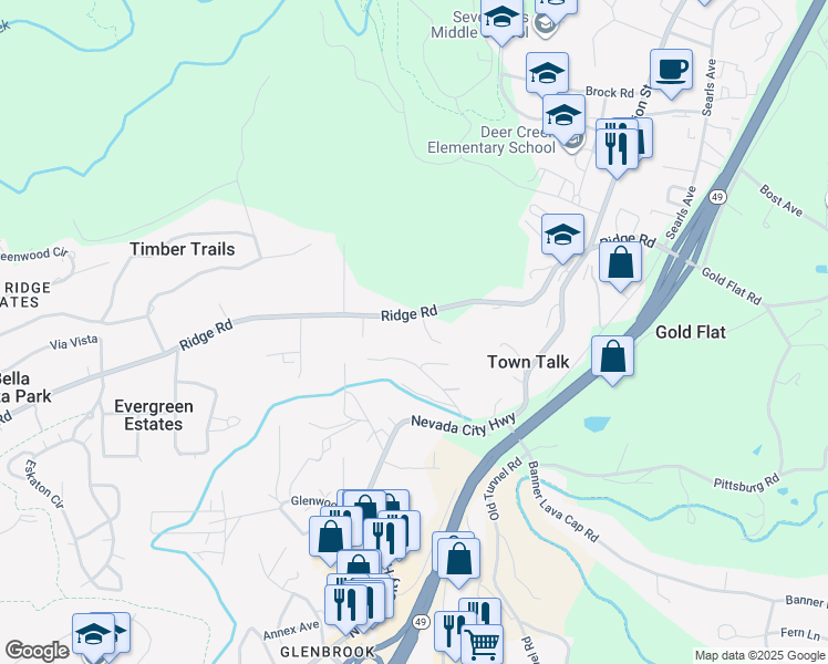 map of restaurants, bars, coffee shops, grocery stores, and more near 10587 Ridge Road in Nevada City
