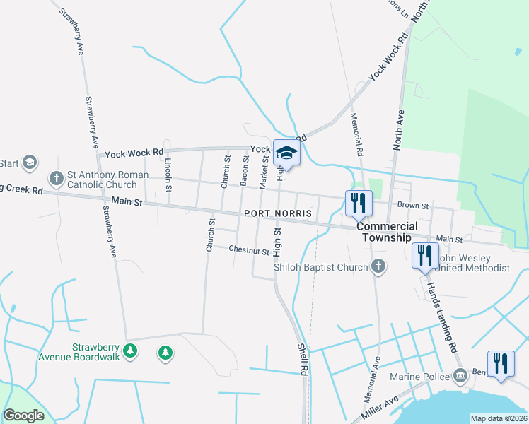 map of restaurants, bars, coffee shops, grocery stores, and more near 1698 Main Street in Port Norris