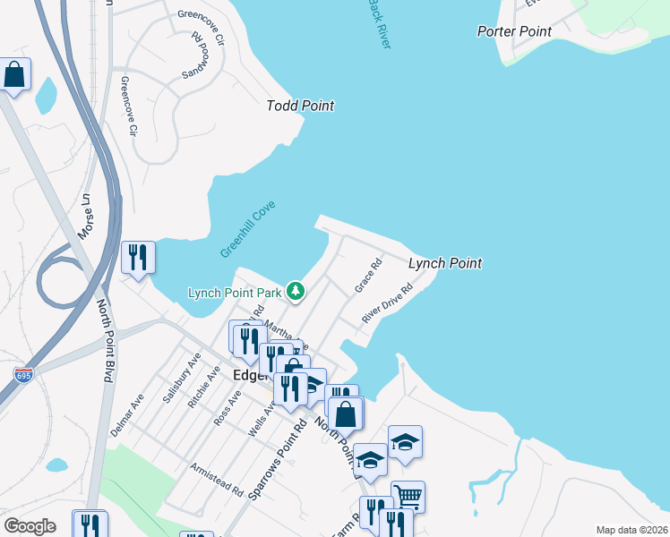 map of restaurants, bars, coffee shops, grocery stores, and more near 6921 River Drive Road in Sparrows Point
