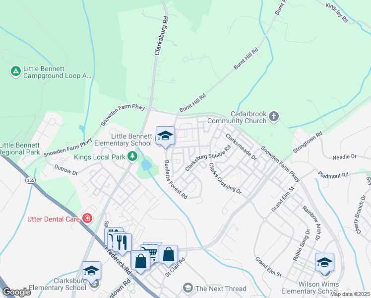 map of restaurants, bars, coffee shops, grocery stores, and more near 23924 Trading Post Drive in Clarksburg