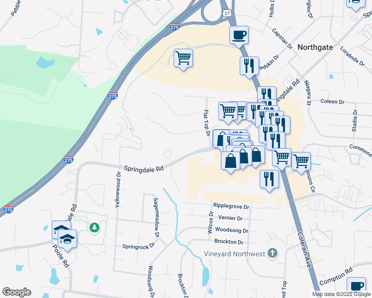map of restaurants, bars, coffee shops, grocery stores, and more near 3760 Springdale Road in Cincinnati