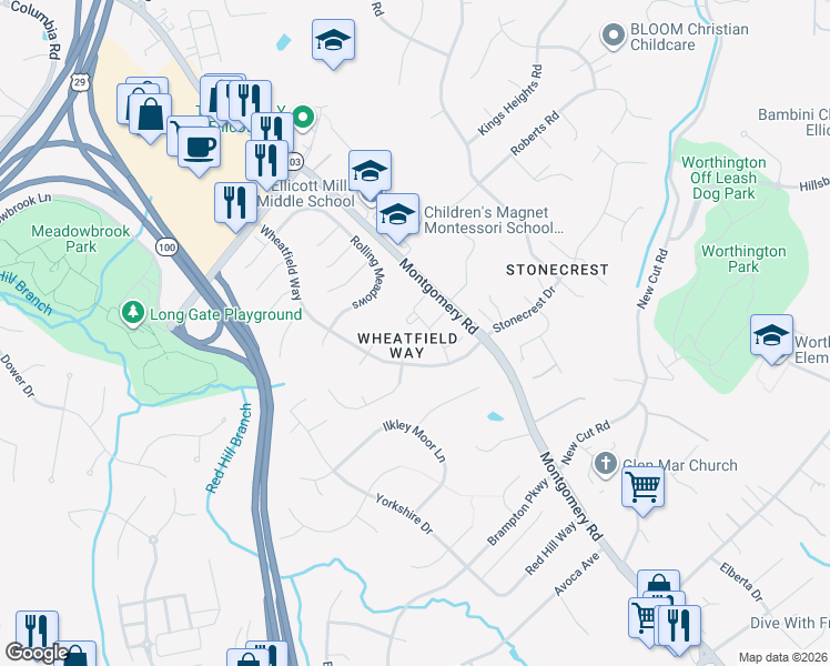 map of restaurants, bars, coffee shops, grocery stores, and more near 8551 Harvest View Court in Ellicott City