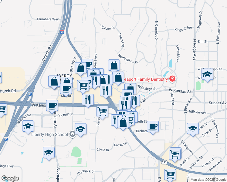 map of restaurants, bars, coffee shops, grocery stores, and more near 1201 Landmark Avenue in Liberty