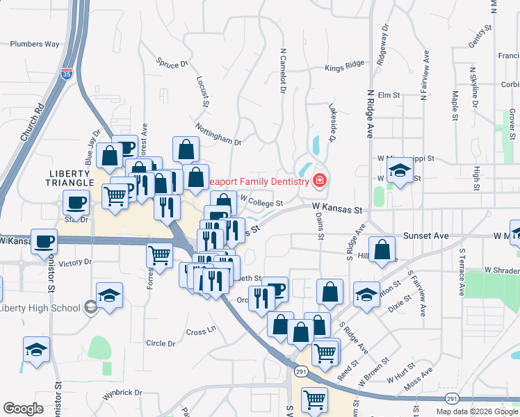 map of restaurants, bars, coffee shops, grocery stores, and more near 8 Westowne Drive in Liberty