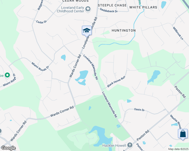 map of restaurants, bars, coffee shops, grocery stores, and more near 6644 Loveland-Miamiville Road in Loveland