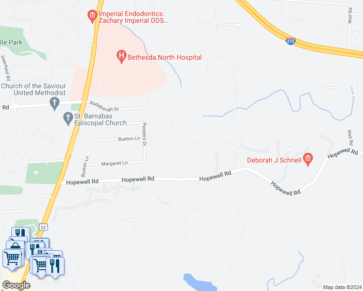 map of restaurants, bars, coffee shops, grocery stores, and more near 8355 Carolines Trail in Cincinnati