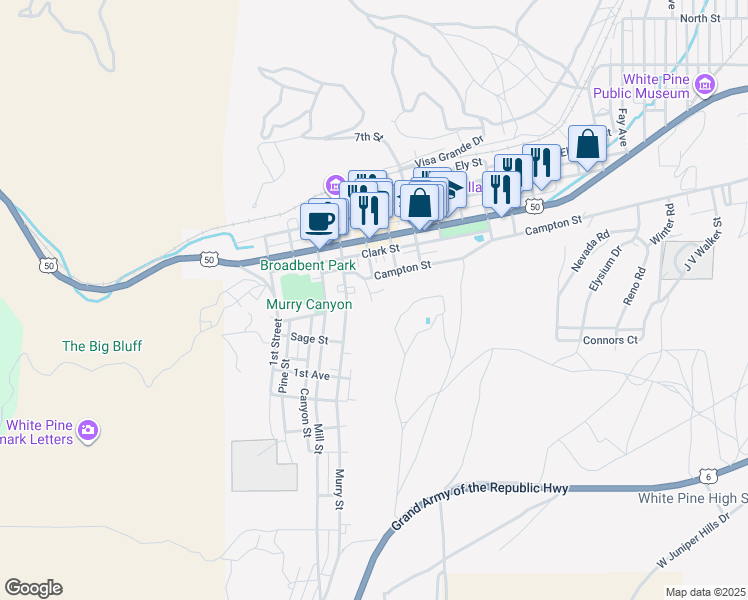 map of restaurants, bars, coffee shops, grocery stores, and more near 543 Rose Street in Ely