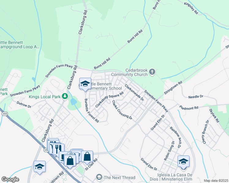 map of restaurants, bars, coffee shops, grocery stores, and more near 12907 Clarks Crossing Drive in Clarksburg