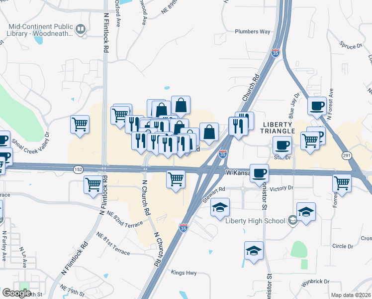 map of restaurants, bars, coffee shops, grocery stores, and more near 8540 North Church Road in Kansas City