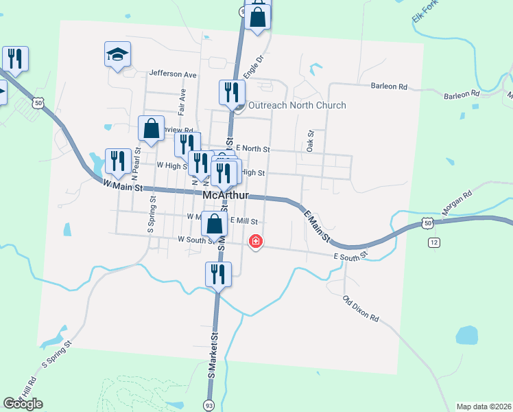 map of restaurants, bars, coffee shops, grocery stores, and more near 200 East Main Street in McArthur