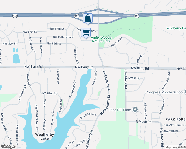map of restaurants, bars, coffee shops, grocery stores, and more near 8313 Northwest Forest Drive in Weatherby Lake