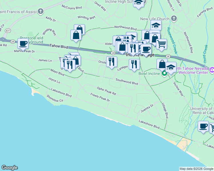 map of restaurants, bars, coffee shops, grocery stores, and more near 838 Ophir Peak Road in Incline Village
