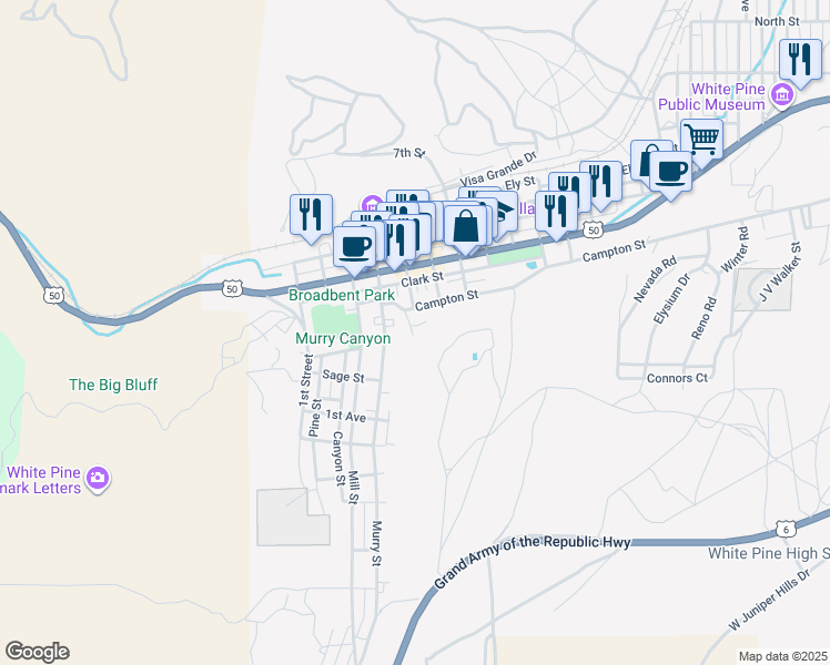 map of restaurants, bars, coffee shops, grocery stores, and more near 543 Rose Street in Ely