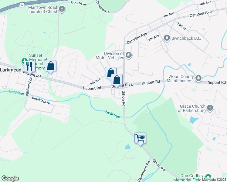 map of restaurants, bars, coffee shops, grocery stores, and more near 1004 Kemper Street in Parkersburg