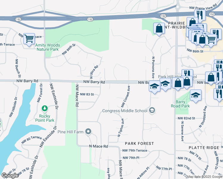 map of restaurants, bars, coffee shops, grocery stores, and more near 8309 North Nodaway Avenue in Kansas City