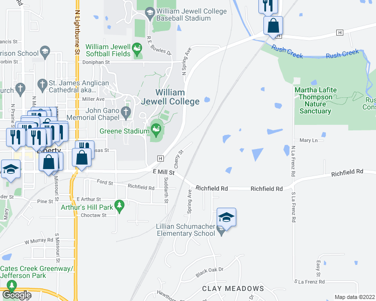 map of restaurants, bars, coffee shops, grocery stores, and more near 27 Cherry Street in Liberty