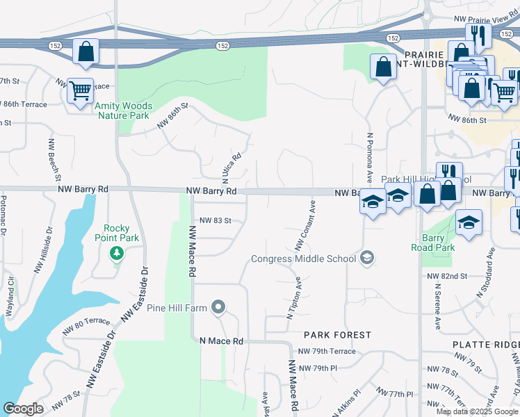 map of restaurants, bars, coffee shops, grocery stores, and more near 8314 North Nodaway Avenue in Kansas City