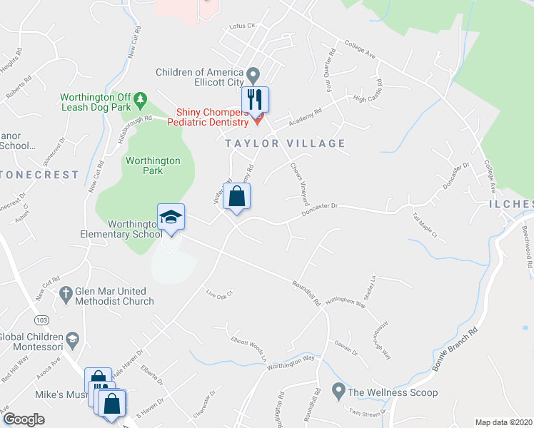 map of restaurants, bars, coffee shops, grocery stores, and more near 4546 Doncaster Drive in Ellicott City