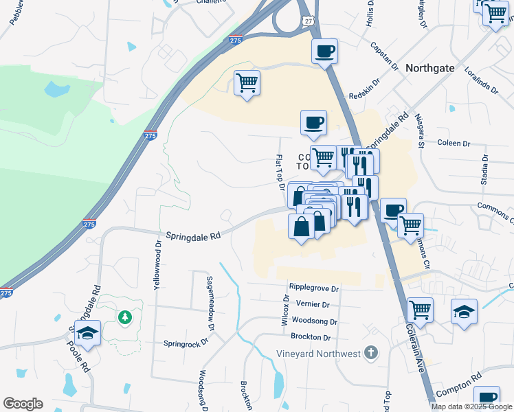 map of restaurants, bars, coffee shops, grocery stores, and more near 3760 Springdale Road in Cincinnati