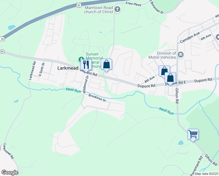 map of restaurants, bars, coffee shops, grocery stores, and more near 77 Meadowbrook Acres in Parkersburg