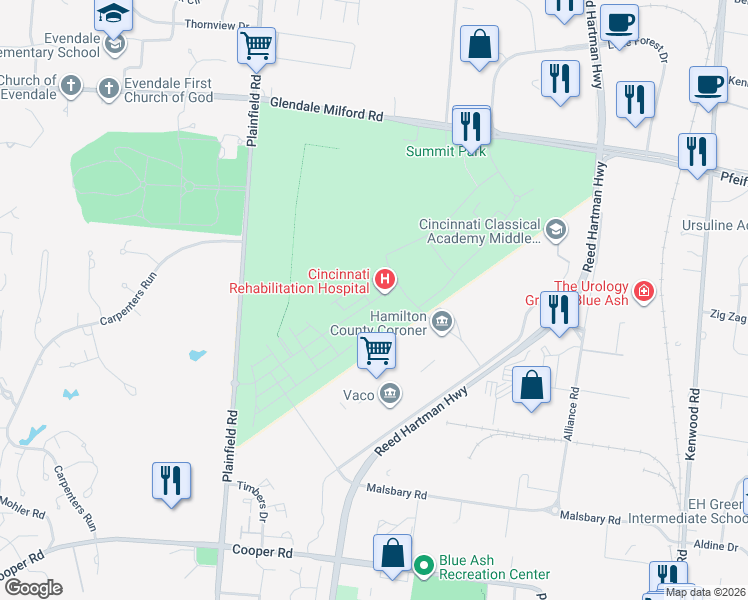 map of restaurants, bars, coffee shops, grocery stores, and more near 4401 Carver Woods Drive in Blue Ash