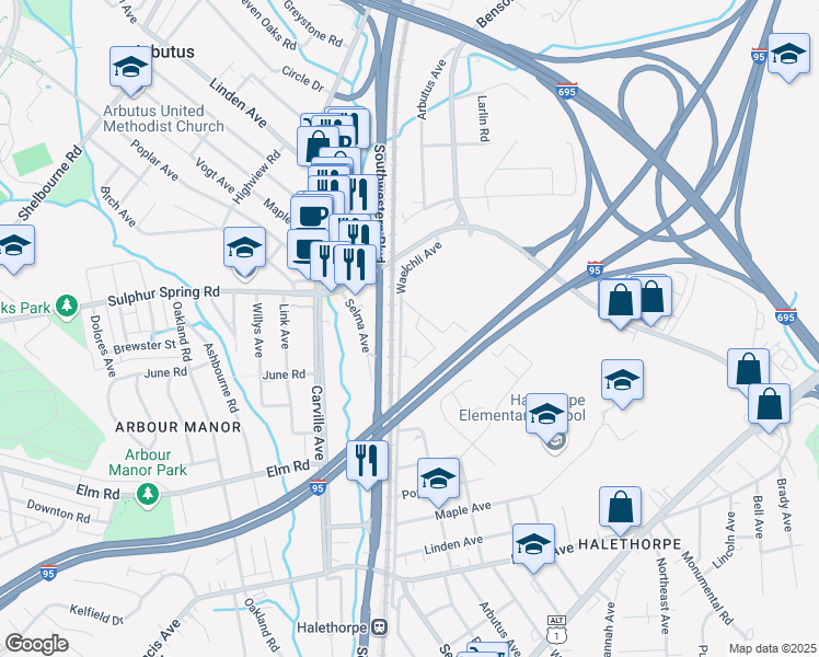 map of restaurants, bars, coffee shops, grocery stores, and more near 16 Colony Hill Court in Arbutus