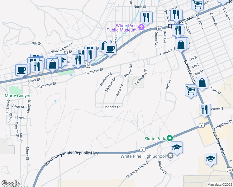 map of restaurants, bars, coffee shops, grocery stores, and more near 21 Reno Road in Ely