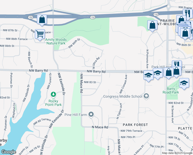 map of restaurants, bars, coffee shops, grocery stores, and more near 8605 Northwest 83 Terrace in Kansas City