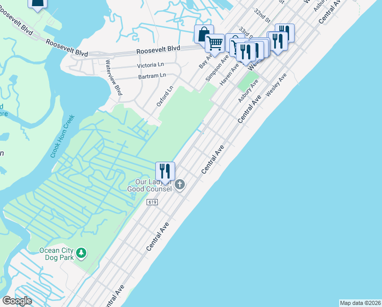 map of restaurants, bars, coffee shops, grocery stores, and more near 3842 West Avenue in Ocean City