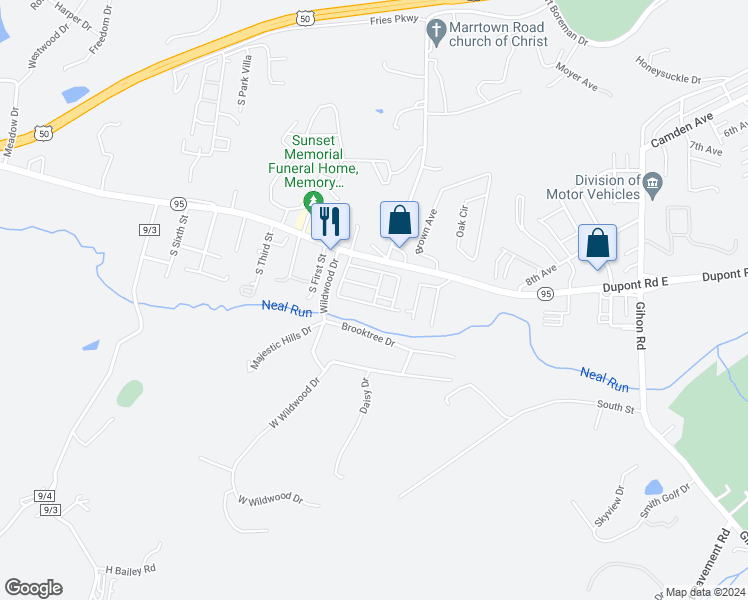 map of restaurants, bars, coffee shops, grocery stores, and more near 39 Meadowbrook Acres in Parkersburg