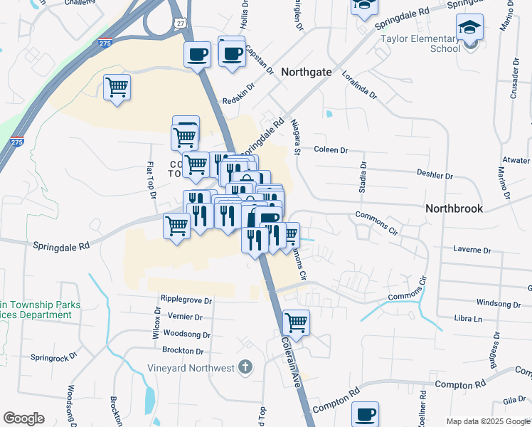 map of restaurants, bars, coffee shops, grocery stores, and more near 9600 U.S. 27 in Cincinnati