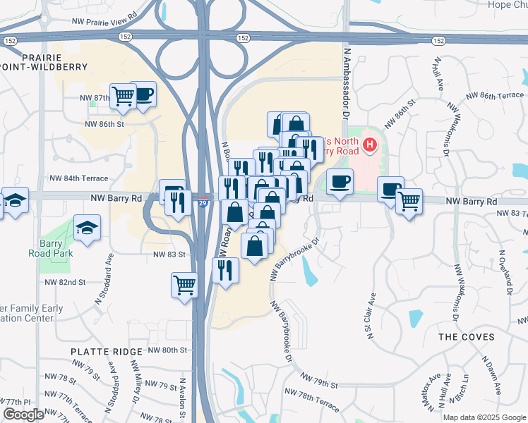map of restaurants, bars, coffee shops, grocery stores, and more near 6505 Northwest Barry Road in Kansas City